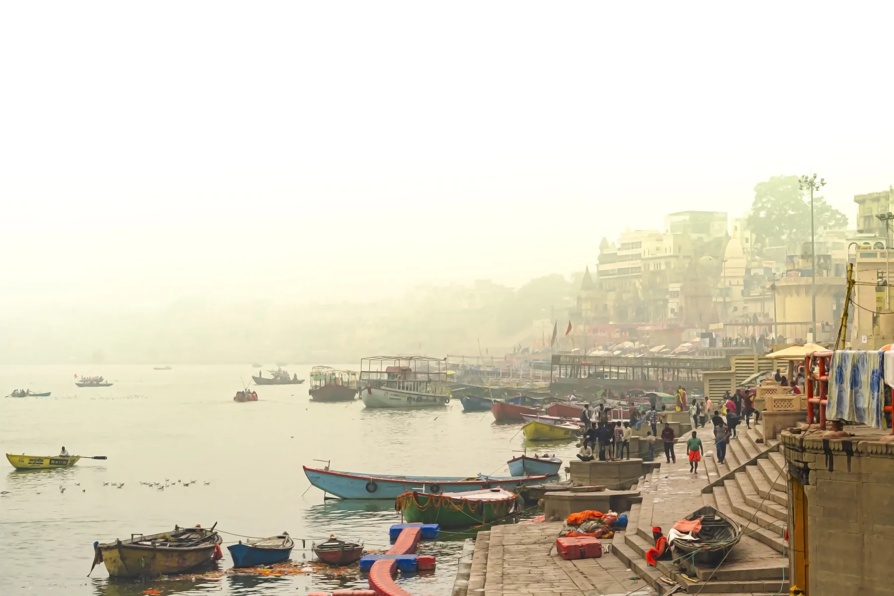 Panoramic view of Varanasi ghats along the Ganges